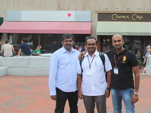 With fellow delegates at a conference abroad. A photograph of R.J. Bhuvanesh from the KRM Group of Schools archive