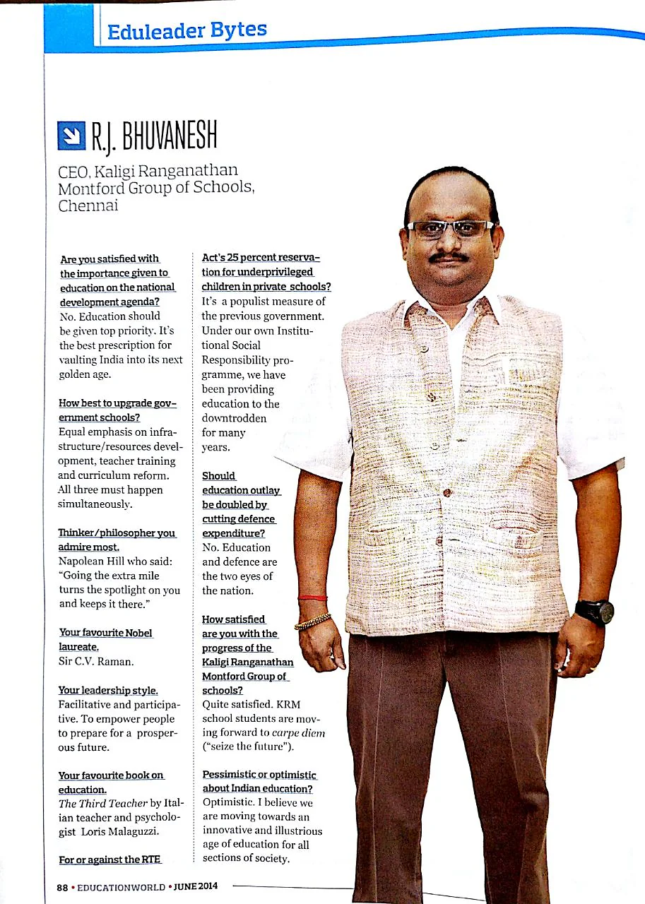 EducationWorld magazine, June 2014, full page Eduleader Bytes feature on R.J. Bhuvanesh